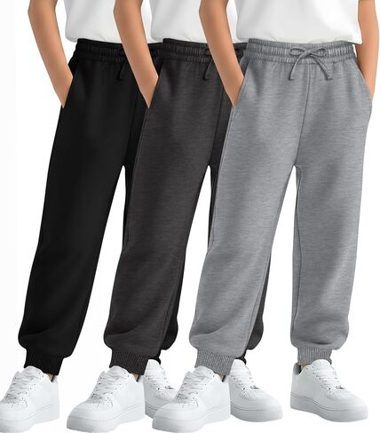 3 Pack Boys' Active Sweatpants Kids Athletic Casual Joggers Youth Drawstring Elastic Waist Pants with 3 Pockets in Kuwait