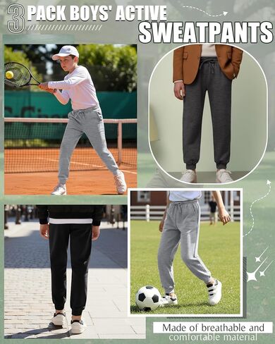 3 Pack Boys' Active Sweatpants Kids Athletic Casual Joggers Youth Drawstring Elastic Waist Pants with 3 Pockets in Kuwait