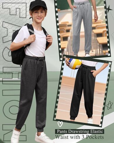 3 Pack Boys' Active Sweatpants Kids Athletic Casual Joggers Youth Drawstring Elastic Waist Pants with 3 Pockets in Kuwait