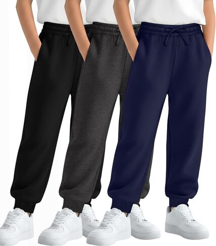 3 Pack Boys' Active Sweatpants Kids Athletic Casual Joggers Youth Drawstring Elastic Waist Pants with 3 Pockets in Kuwait