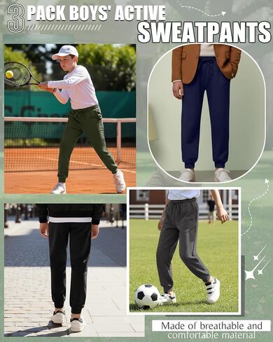 3 Pack Boys' Active Sweatpants Kids Athletic Casual Joggers Youth Drawstring Elastic Waist Pants with 3 Pockets in Kuwait
