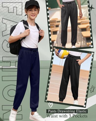 3 Pack Boys' Active Sweatpants Kids Athletic Casual Joggers Youth Drawstring Elastic Waist Pants with 3 Pockets in Kuwait