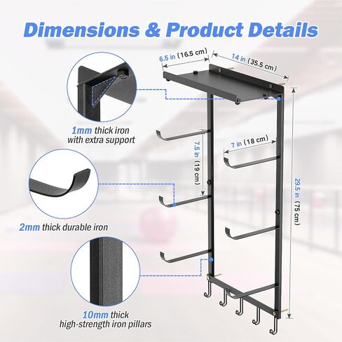 منظم سجادة اليوجا مثبت على الحائط، رف تخزين حديدي خفيف الوزن موفر للمساحة مع 3 طبقات لسجادات اليوجا، وبكرات إسفنجية، و5 خطافات لأشرطة المقاومة والإكسسوارات، مثالي للمبتدئين in Kuwait