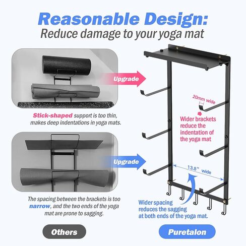 منظم سجادة اليوجا مثبت على الحائط، رف تخزين حديدي خفيف الوزن موفر للمساحة مع 3 طبقات لسجادات اليوجا، وبكرات إسفنجية، و5 خطافات لأشرطة المقاومة والإكسسوارات، مثالي للمبتدئين in Kuwait