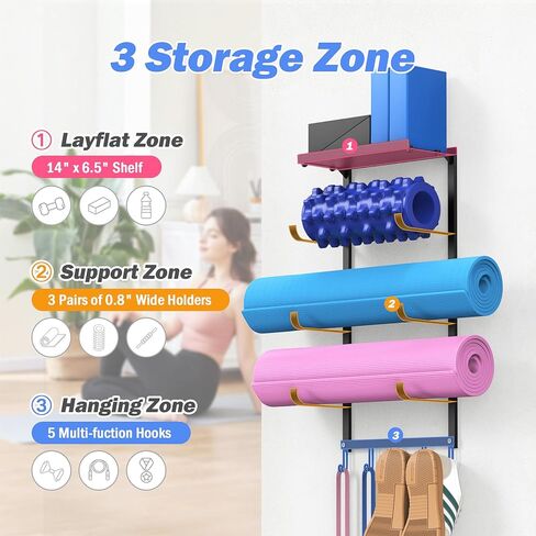 منظم سجادة اليوجا مثبت على الحائط، رف تخزين حديدي خفيف الوزن موفر للمساحة مع 3 طبقات لسجادات اليوجا، وبكرات إسفنجية، و5 خطافات لأشرطة المقاومة والإكسسوارات، مثالي للمبتدئين in Kuwait
