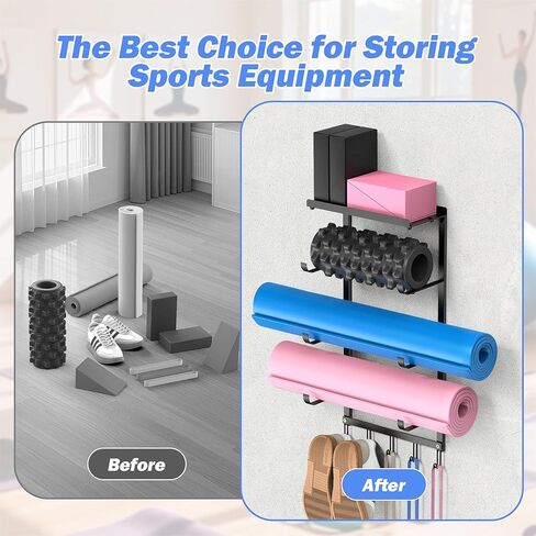 منظم سجادة اليوجا مثبت على الحائط، رف تخزين حديدي خفيف الوزن موفر للمساحة مع 3 طبقات لسجادات اليوجا، وبكرات إسفنجية، و5 خطافات لأشرطة المقاومة والإكسسوارات، مثالي للمبتدئين in Kuwait