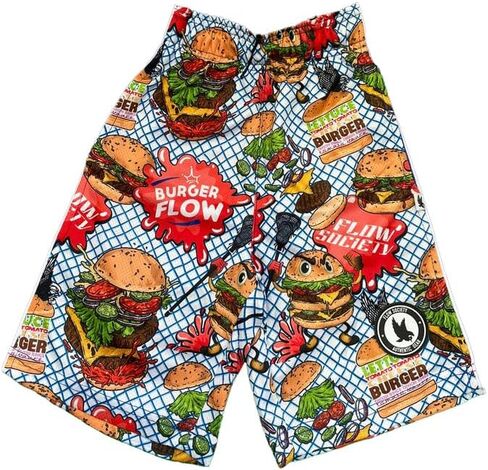 Flow Society شورت رياضي للأولاد Flow Burger Attack - ملابس رياضية - منقوشة - شورت كرة السلة للأولاد - شورت لاكروس للأولاد in Kuwait
