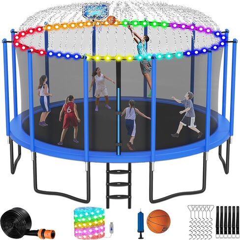 LHX 8 10 12 14 15 16FT Tranpoline Outdoor 1500LBS with Basketball Hoop, Large Heavy Duty Tranpoline for Kids and Adults with Light and Sprinkler, ASTM Approved & Easy Install, Backyard in Kuwait