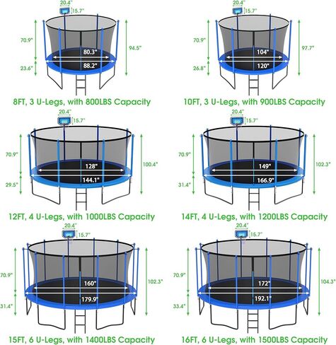 LHX 8 10 12 14 15 16FT Tranpoline Outdoor 1500LBS with Basketball Hoop, Large Heavy Duty Tranpoline for Kids and Adults with Light and Sprinkler, ASTM Approved & Easy Install, Backyard in Kuwait