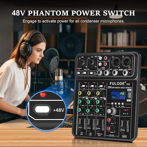 4 Channel Mixer DJ Audio Mixing Console with 256DSP, Small Music Sound Mixer Board Supports USB Bluetooth MP3 Computer Input, 48V Phantom Power & PAD Function for Recording Studio Streaming in Saudi Arabia
