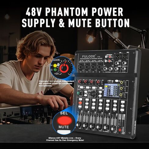 وحدة تحكم خلط صوت DJ بـ 4 قنوات مع 256DSP، لوحة مزج صوت موسيقى صغيرة تدعم إدخال الكمبيوتر USB Bluetooth MP3، طاقة فانتوم 48 فولت ووظيفة الوسادة لتسجيل بث الاستوديو in Kuwait