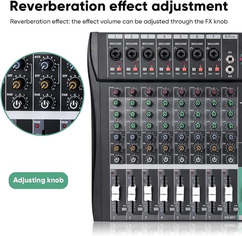 وحدة تحكم خلاط صوت 8 قنوات - خلاط استوديو تسجيل USB بلوتوث مع ريفيرب FX | طاقة فانتوم 48 فولت ومشغل MP3 | لايف دي جي كاريوكي in Kuwait