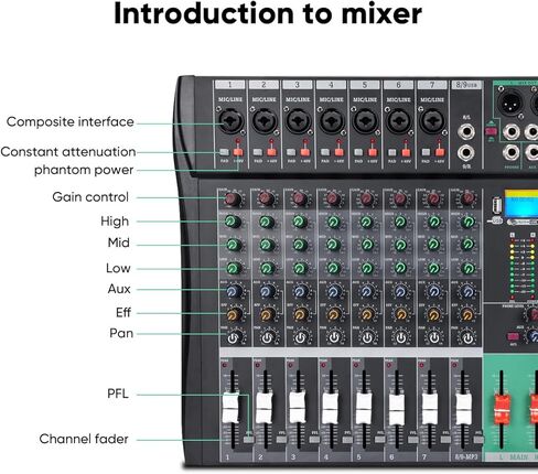 وحدة تحكم خلاط صوت 8 قنوات - خلاط استوديو تسجيل USB بلوتوث مع ريفيرب FX | طاقة فانتوم 48 فولت ومشغل MP3 | لايف دي جي كاريوكي in Kuwait