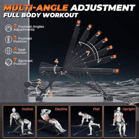 مقعد وزن قابل للتعديل بوزن 800 رطل - مكبس تمرين قابل للطي مع قاعدة ممتدة 20.5 بوصة لصالة الألعاب الرياضية المنزلية، مقعد تدريب القوة المنحدر القابل للطي لتمرين الجسم بالكامل - إصدار 2025 in Kuwait