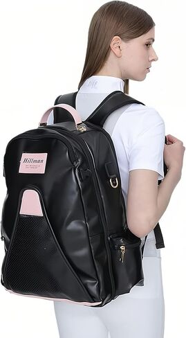 PU Leather Equestrian Backpack with Helmet Holder,Boot Bag Equestrian Horse Riding Bag,Waterproof Large Capacity Equestrian Helmet Bag (Black&Pink) in Saudi Arabia