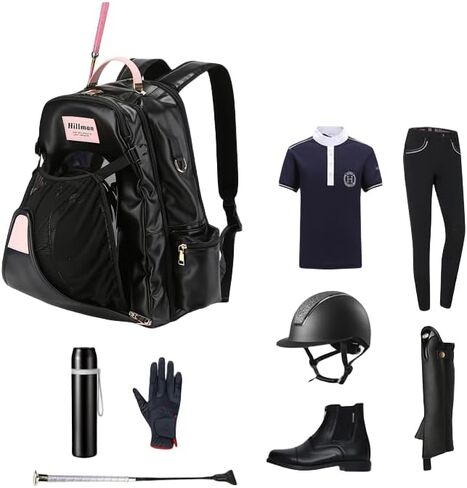 PU Leather Equestrian Backpack with Helmet Holder,Boot Bag Equestrian Horse Riding Bag,Waterproof Large Capacity Equestrian Helmet Bag (Black&Pink) in Saudi Arabia