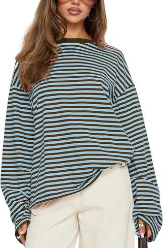 Amiblvowa Women Striped Long Sleeve Top Oversized Graphic Y2k Loose T Shirts Teen Girl Crewneck Baggy Tees Pullover in Saudi Arabia