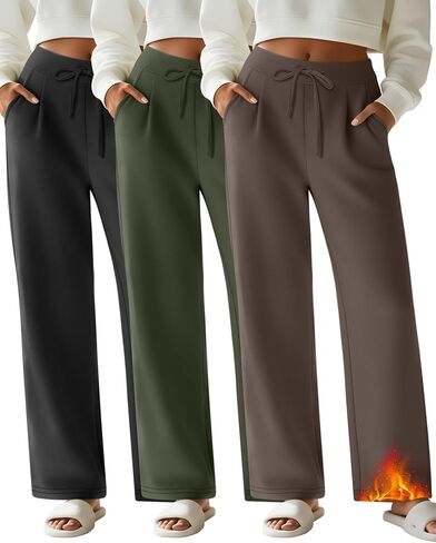 3 Pack Women's Wide Leg Lounge Pants, Fleece Sweatpants Casual Thermal Drawstring Yoga Pants with Pockets in Saudi Arabia