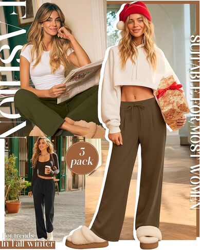 3 Pack Women's Wide Leg Lounge Pants, Fleece Sweatpants Casual Thermal Drawstring Yoga Pants with Pockets in Saudi Arabia