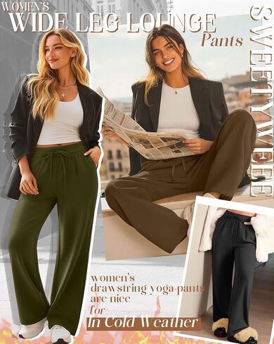 3 Pack Women's Wide Leg Lounge Pants, Fleece Sweatpants Casual Thermal Drawstring Yoga Pants with Pockets in Saudi Arabia