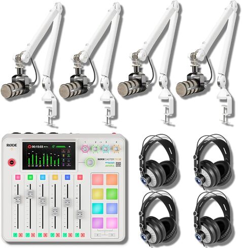 Rode RODECaster Pro 2 Audio Production Console with 4x PodMic Podcasting Microphones, PSA1+ Professional Boom Arms, Over-Ear Headphones, 32GB microSD Card, and 4x XLR Cables in Kuwait