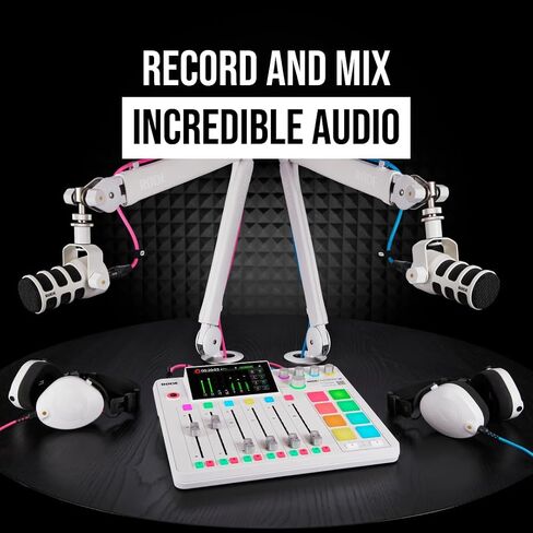 Rode RODECaster Pro 2 Audio Production Console with 4x PodMic Podcasting Microphones, PSA1+ Professional Boom Arms, Over-Ear Headphones, 32GB microSD Card, and 4x XLR Cables in Kuwait
