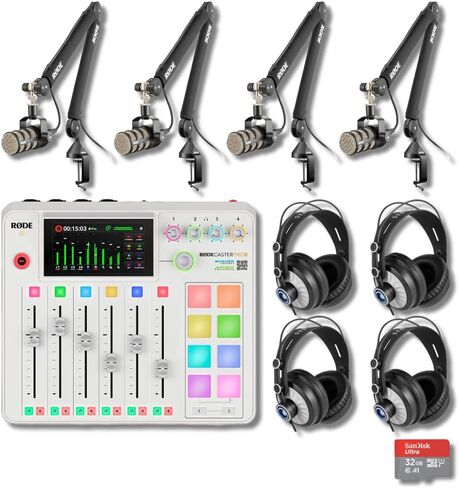 وحدة تحكم إنتاج الصوت Rode RODECaster Pro 2 مع 4 ميكروفونات PodMic Podcasting، وأذرع PSA1+ الاحترافية، وسماعات رأس فوق الأذن، وبطاقة microSD سعة 32 جيجابايت، و4x كابلات XLR in Saudi Arabia