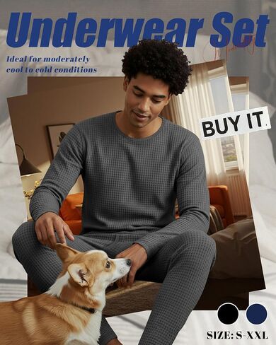 2 Set Men's Thermal Underwear, Waffle Knit Fleece Lined Shirts and Pants Warm Base Layer for Winter Cold Weather in Saudi Arabia