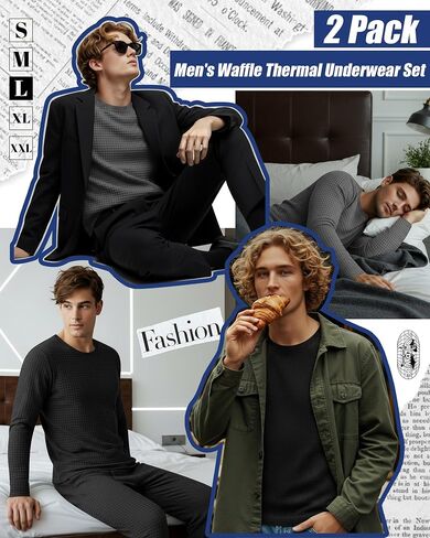 2 Set Men's Thermal Underwear, Waffle Knit Fleece Lined Shirts and Pants Warm Base Layer for Winter Cold Weather in Saudi Arabia