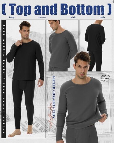 2 Set Men's Thermal Underwear, Waffle Knit Fleece Lined Shirts and Pants Warm Base Layer for Winter Cold Weather in Saudi Arabia
