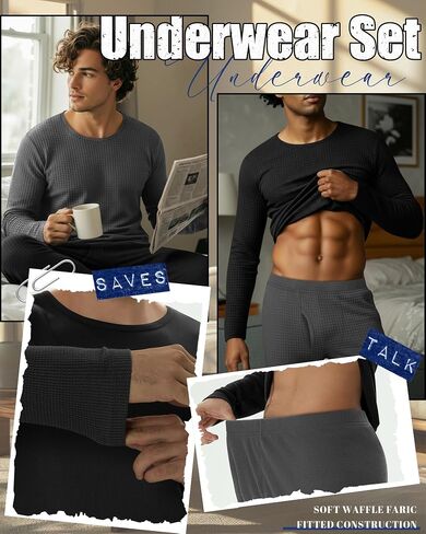 2 Set Men's Thermal Underwear, Waffle Knit Fleece Lined Shirts and Pants Warm Base Layer for Winter Cold Weather in Saudi Arabia