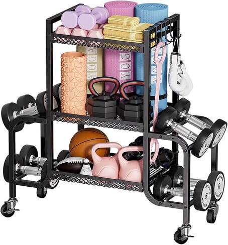 Dumbbell Rack, Adjustable Weight Rack with Hooks and Rolling Wheels, Workout Equipment Storage, Home Gym Storage for Dumbbell Yoga Mat Foam Roller Kettlebells Resistance Bands in Saudi Arabia
