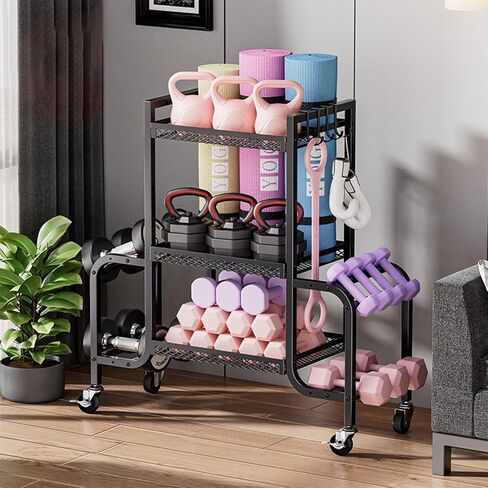 Dumbbell Rack, Adjustable Weight Rack with Hooks and Rolling Wheels, Workout Equipment Storage, Home Gym Storage for Dumbbell Yoga Mat Foam Roller Kettlebells Resistance Bands in Saudi Arabia