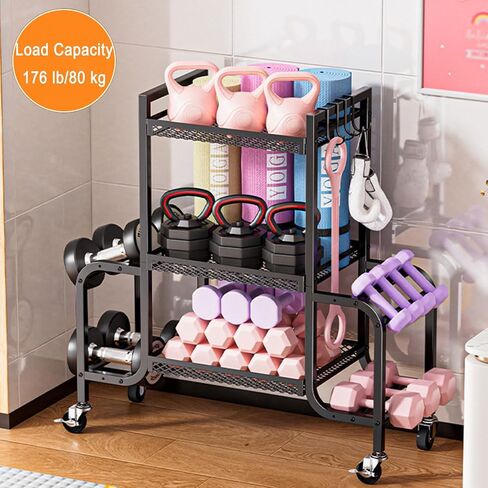 Dumbbell Rack, Adjustable Weight Rack with Hooks and Rolling Wheels, Workout Equipment Storage, Home Gym Storage for Dumbbell Yoga Mat Foam Roller Kettlebells Resistance Bands in Saudi Arabia