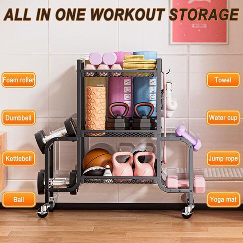 Dumbbell Rack, Adjustable Weight Rack with Hooks and Rolling Wheels, Workout Equipment Storage, Home Gym Storage for Dumbbell Yoga Mat Foam Roller Kettlebells Resistance Bands in Saudi Arabia