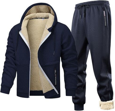 Mens Winter Track Suits 2 Piece Set - Sweat Suit for Men Sherpa Lined Zip Up Hoodies and Sweatpants with Zipper Pockets in Saudi Arabia