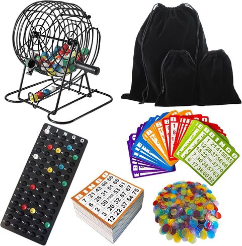 SEETOOOGAMES Deluxe Bingo Game Set - Metal Cage, 50 Bingo Cards, 500 Paper Sheets, 500 Chips, 75 Balls, Plastic Master Board - Great for Large Groups, Family Games Nights Parties (Round Cage) in Saudi Arabia