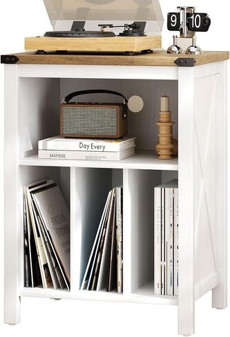 4 EVER WINNER Record Player Stand with Storage, Record Player Table with Open Shelf and Outlet Hole, Turntable Stand with 3 Divider Up to 160 Albums for Music Room, Bedroom, Living Room, Grey in Saudi Arabia