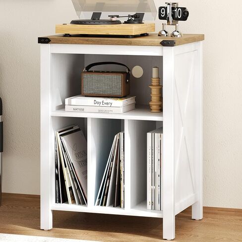 4 EVER WINNER Record Player Stand with Storage, Record Player Table with Open Shelf and Outlet Hole, Turntable Stand with 3 Divider Up to 160 Albums for Music Room, Bedroom, Living Room, Grey in Saudi Arabia