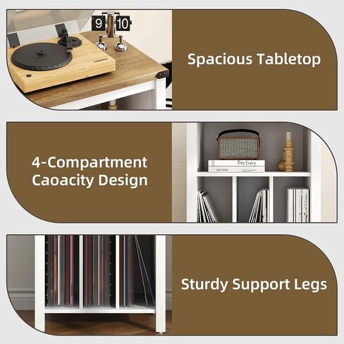 4 EVER WINNER Record Player Stand with Storage, Record Player Table with Open Shelf and Outlet Hole, Turntable Stand with 3 Divider Up to 160 Albums for Music Room, Bedroom, Living Room, Grey in Saudi Arabia