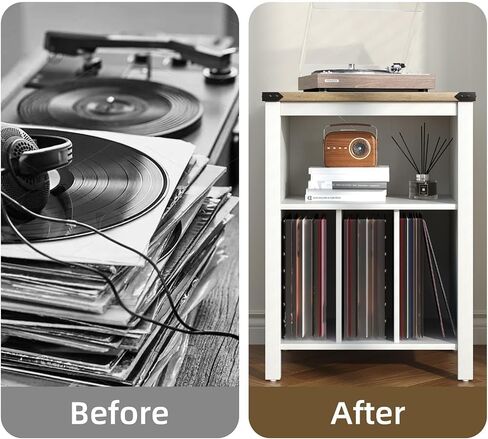 4 EVER WINNER Record Player Stand with Storage, Record Player Table with Open Shelf and Outlet Hole, Turntable Stand with 3 Divider Up to 160 Albums for Music Room, Bedroom, Living Room, Grey in Saudi Arabia