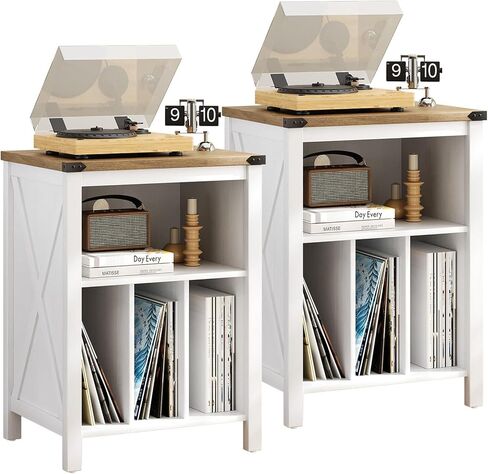 4 EVER WINNER Record Player Stand with Storage, Record Player Table with Open Shelf and Outlet Hole, Turntable Stand with 3 Divider Up to 160 Albums for Music Room, Bedroom, Living Room, Grey in Saudi Arabia