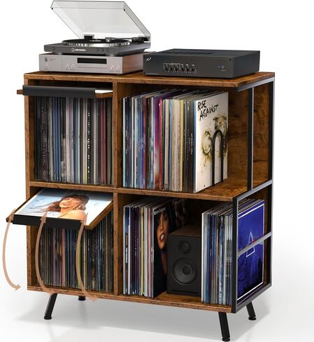 3 Tier Record Player Stand, Flip Top Record Player Cabinet, Mid Century Record Player Table with Shelves Holds up to 300+ Albums, Vinyl Record Storage with 4 U-Dividers for Living Room Bedroom, Brown in Saudi Arabia