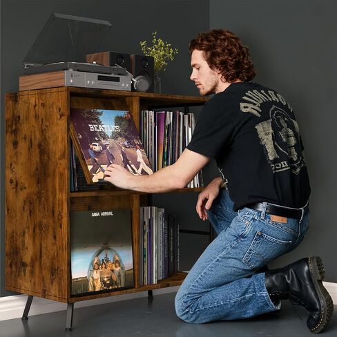 3 Tier Record Player Stand, Flip Top Record Player Cabinet, Mid Century Record Player Table with Shelves Holds up to 300+ Albums, Vinyl Record Storage with 4 U-Dividers for Living Room Bedroom, Brown in Saudi Arabia