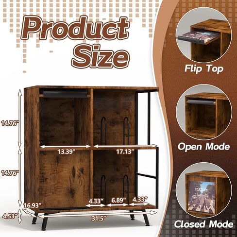 3 Tier Record Player Stand, Flip Top Record Player Cabinet, Mid Century Record Player Table with Shelves Holds up to 300+ Albums, Vinyl Record Storage with 4 U-Dividers for Living Room Bedroom, Brown in Saudi Arabia