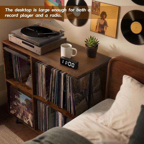 3 Tier Record Player Stand, Flip Top Record Player Cabinet, Mid Century Record Player Table with Shelves Holds up to 300+ Albums, Vinyl Record Storage with 4 U-Dividers for Living Room Bedroom, Brown in Saudi Arabia