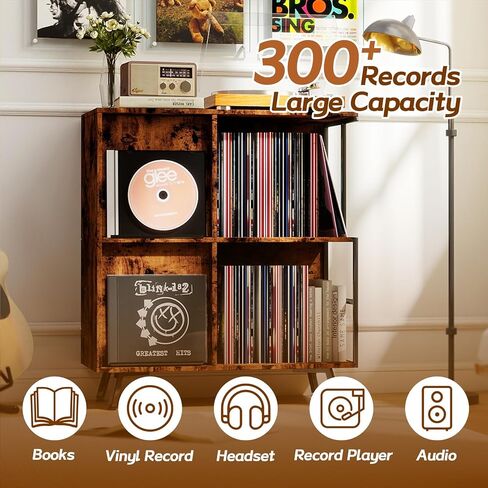3 Tier Record Player Stand, Flip Top Record Player Cabinet, Mid Century Record Player Table with Shelves Holds up to 300+ Albums, Vinyl Record Storage with 4 U-Dividers for Living Room Bedroom, Brown in Saudi Arabia
