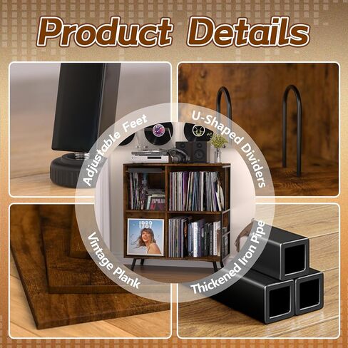 3 Tier Record Player Stand, Flip Top Record Player Cabinet, Mid Century Record Player Table with Shelves Holds up to 300+ Albums, Vinyl Record Storage with 4 U-Dividers for Living Room Bedroom, Brown in Saudi Arabia