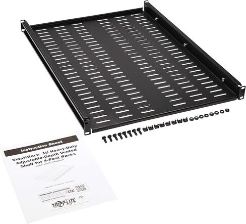 Tripp Lite 1U Adjustable Deep Rack Shelf, Adjust from 25 in to 40.75 inches, Black Steel, Vented Airflow Design, Mount Hardware Included, 250 lb / 113 kg Capacity, 5-Year Warranty (SRSHELF4PHDVENT) in Saudi Arabia