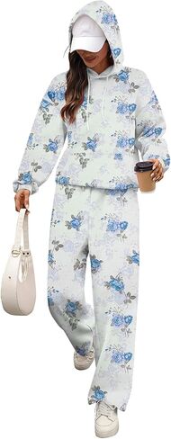 Women's 2 Piece Outfits Lounge Sets Floral Bow Fleece Long Sleeve Hoodies Sweatpants Sweats Track Suits Set in Kuwait